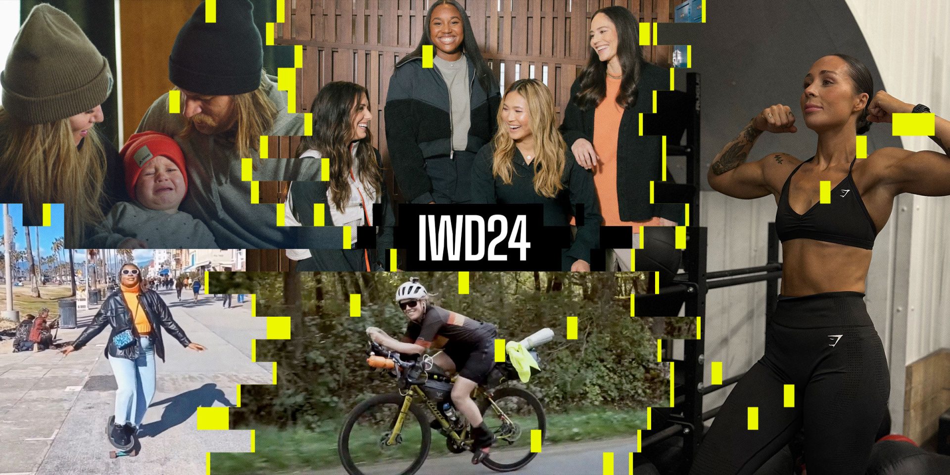 A selection of inspiring International Women's Day women cycling, skateboarding, parenting, laughing, in the gym to celebrate equality and diversity
